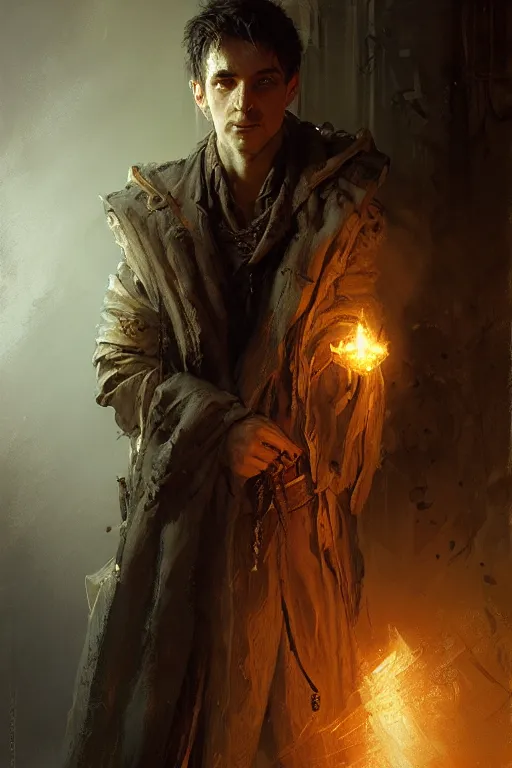 Prompt: noble young sorcerer, clean shaven, medium length hair, dirty fine clothing portrait dnd, painting by gaston bussiere, craig mullins, greg rutkowski, yoji shinkawa