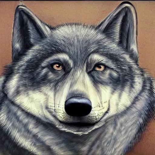 Prompt: realistic portrait of retarded wolf, eyes in different directions, very ugly, stupid