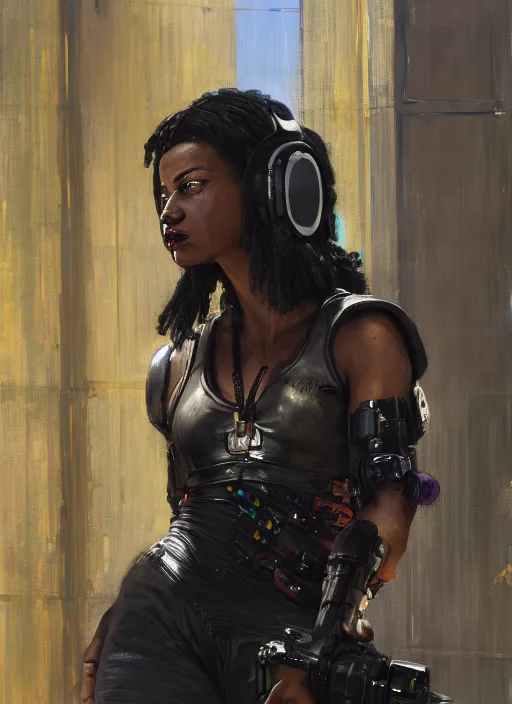 Image similar to Isabel igwe. cyberpunk mercenary wearing a cyberpunk headset and combat jumpsuit. (Cyberpunk 2077, bladerunner 2049). Iranian orientalist portrait by john william waterhouse and Edwin Longsden Long and Theodore Ralli and Nasreddine Dinet, oil on canvas. Cinematic, vivid colors, hyper realism, realistic proportions, dramatic lighting, high detail 4k