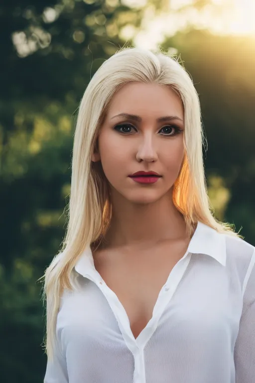 Prompt: 2 4 year old professional blonde female wearing white blouse, portrait, neck zoomed in, photo realistic, slr, golden hour, 4 k, high definition, selfie