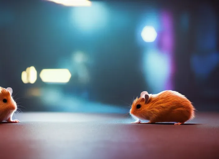 Image similar to hamsters in a cinema, movie still, cinematic, sharp focus, color grading from blade runner 2 0 4 9, cinematic grain, cinematic lighting, 8 k