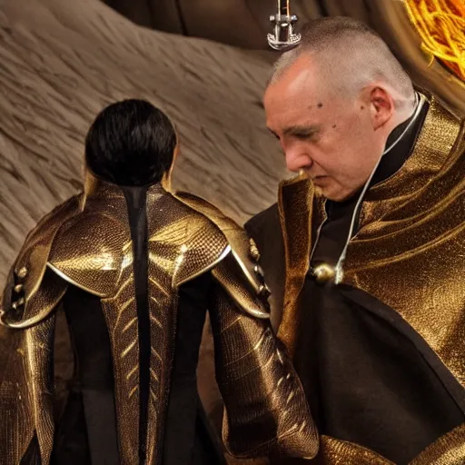 Image similar to a giant priest with skin that looks like black and white porcelain, the priest is wearing a golden armor and his back has wings made of electricity, the priest has a thurible in his hand, cinematic detailed dune movie still