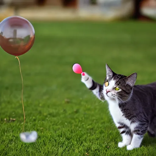 Prompt: picture of a cat trying to catch a balloon