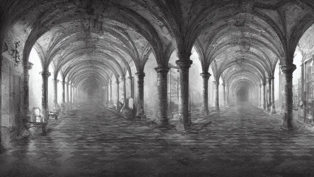 Image similar to a beautiful hyper realistic detailed matte painting of a a confusing place where the perspective is a broken concept and all the corridor and stairs will lead you to the same destination, dramatic lighting, dynamic lighting, cinematic lighting, dynamic lighting, cinematic lighting, lit by morning light, by maurits cornelis escher, black and white, featured on artstation, ultrawide angle