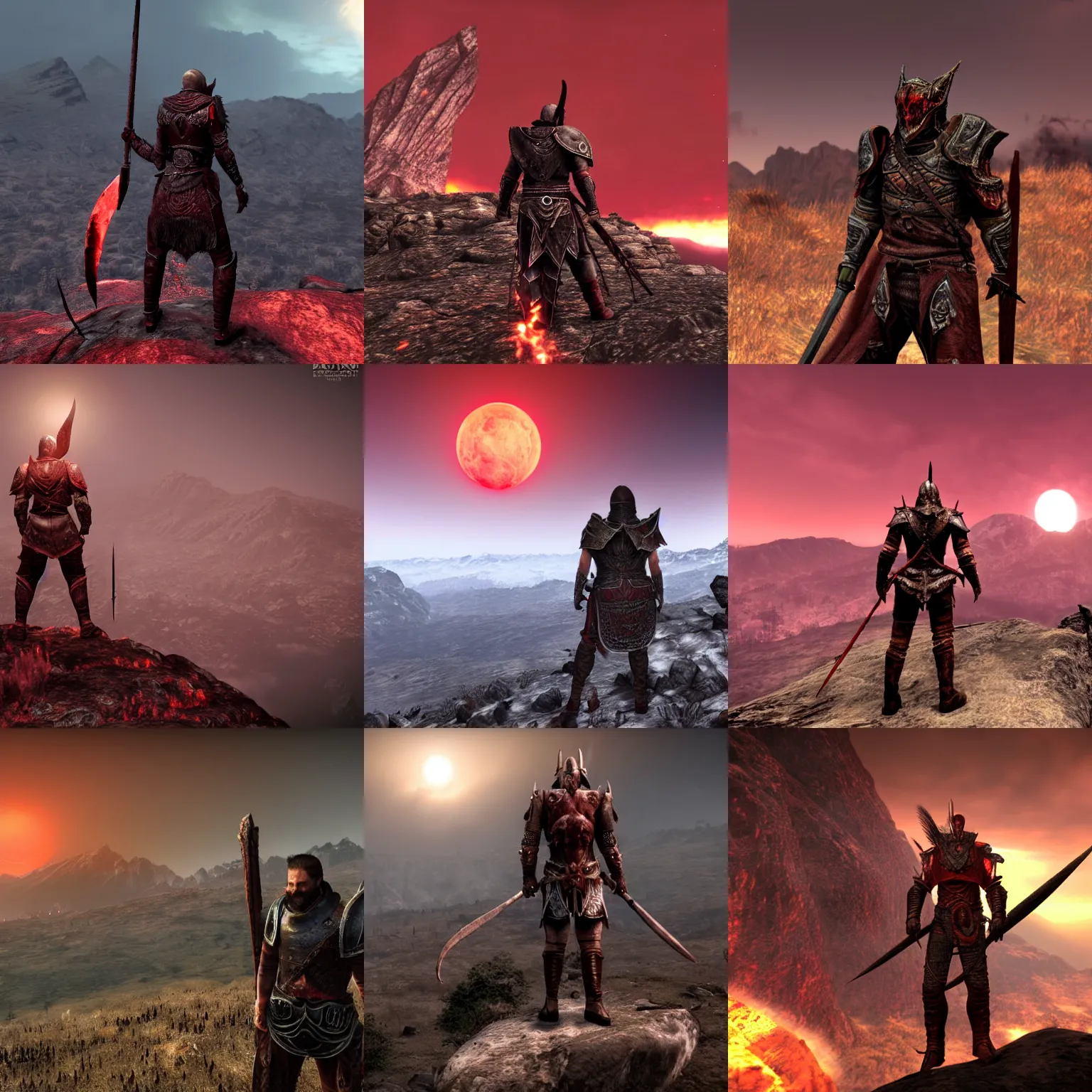Prompt: photo realistic dovahkiin standing on a mountain wearing daedric armor with an eerie blood red eclipse in the background