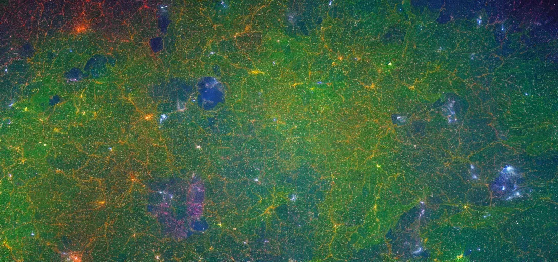 Image similar to nasa photo of the amazon forest made of plastic bags of different colors, in a real space photography, super detailed image, trending on artstation, moody, cinematic, 8 k, volumetric lighting