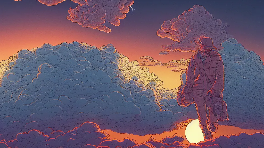 Image similar to highly detailed illustration of an illuminated man floating while facing clouds of gases in a sunset by dan mumford, by moebius, by nico delort, by oliver vernon artist, by joseph moncada, by damon soule, by manabu ikeda, by kilian eng, by kyle hotz, by otomo, 4 k resolution