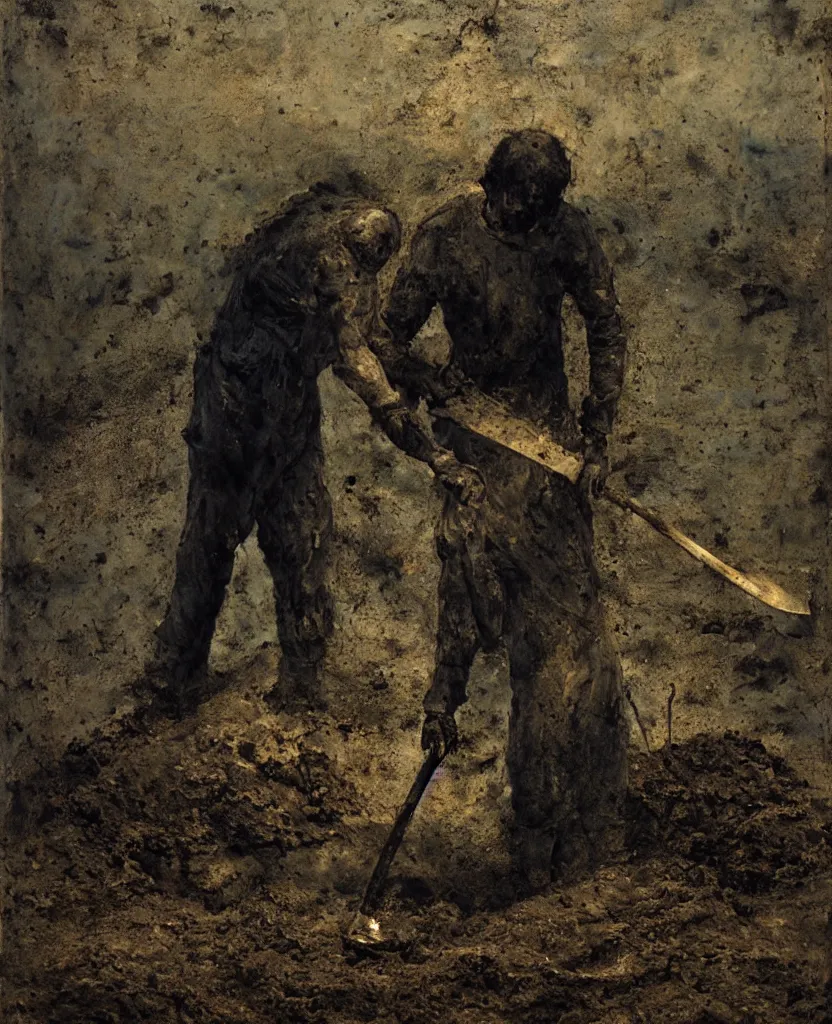 Prompt: a man with a shovel standing digging up a grave with a dead body, by Nicola Samori, painting, 8k, high detail, subtle blue, orange, and dark green tones, high quality, high detail, dark colors, sinister atmosphere, dramatic lighting, cinematic, establishing shot, extremely high detail, photo realistic, cinematic lighting