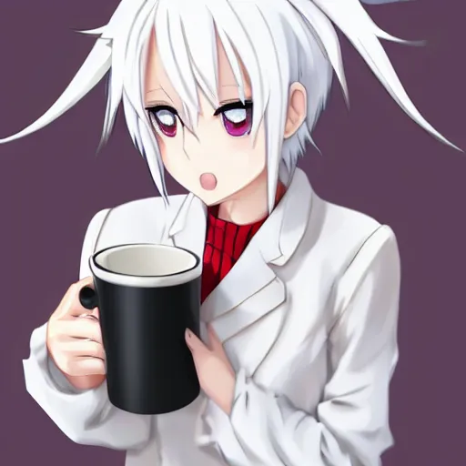Image similar to white hair, red eyes, two small horn on the head, anime style, anime girl holding a cup of coffee