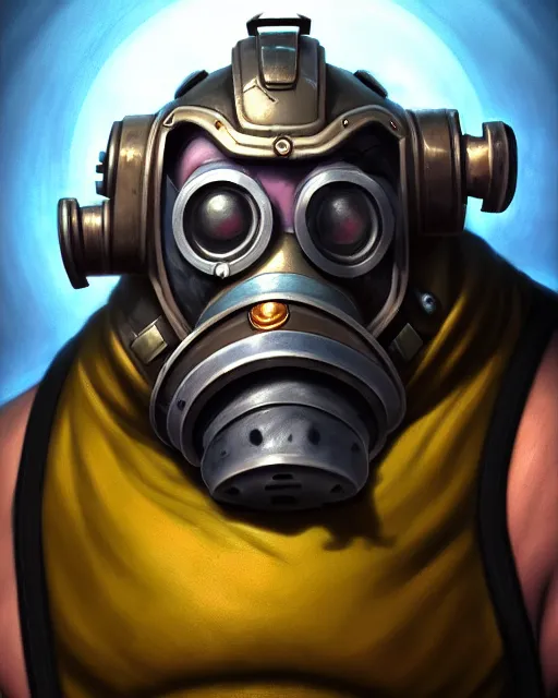 Image similar to roadhog from overwatch, gas mask, character portrait, portrait, close up, highly detailed, intricate detail, amazing detail, sharp focus, vintage fantasy art, vintage sci - fi art, radiant light, caustics, by boris vallejo