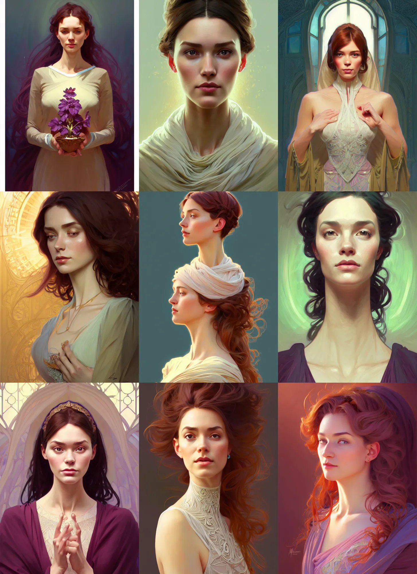 Image similar to character concept portrait of me as modest wife blessed by god to grow ever more intelligent beautiful voluminous muscular tall healthy and virtuous. modestly clothed, intricate, elegant, highly detailed, digital painting, artstation, concept art, symmetry, smooth, sharp focus, illustration, art by mandy jurgens and alphonse mucha and alena aenami