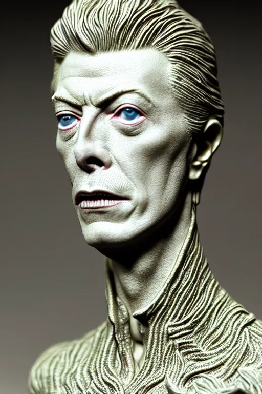 Image similar to David Bowie , A Close up photo-real delicate ceramic porcelain sculpture of a symmetrical ornate detailed in front of an intricate background by Victo Ngai and takato yamamoto, micro detail, backlit lighting, face in focus, subsurface scattering, translucent, thin porcelain, octane renderer, colorful, physically based rendering, japanese pottery, trending on cgsociety