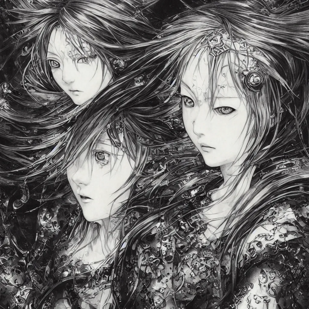 Image similar to Yoshitaka Amano realistic illustration of an anime girl with black eyes, wavy white hair fluttering in the wind and cracks on her face wearing elden ring armor with engraving, abstract black and white patterns on the background, noisy film grain effect, highly detailed, Renaissance oil painting, weird portrait angle, blurred lost edges, three quarter view