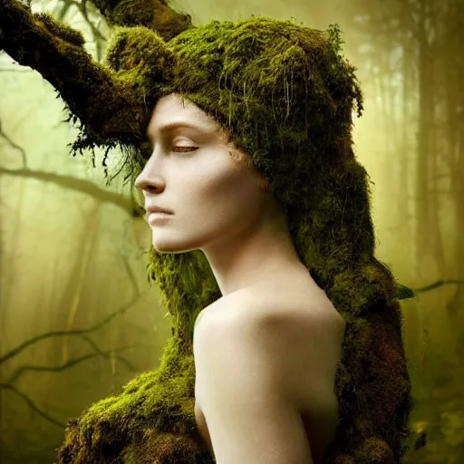 Image similar to beautiful portrait of a forest dryad, her skin made of moss, flowers growing from her head, golden sunlight, extremely detailed, hyperrealistic, photo by annie leibovitz, masterpiece, award-winning