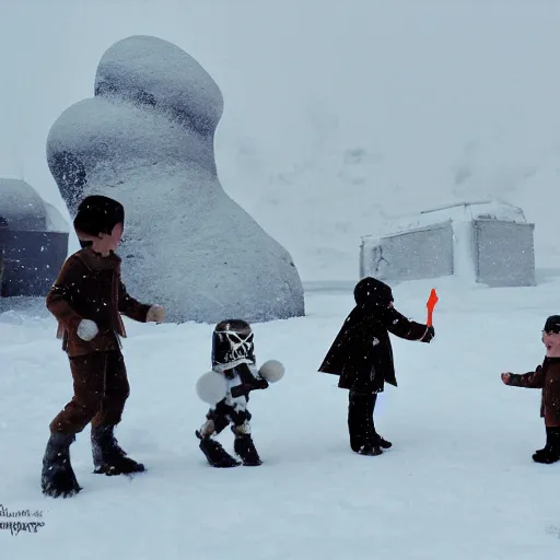 Image similar to baby steampunk snowtroopers on hoth having a snowball fight, action still, by cameldeath