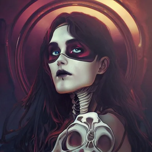 Image similar to skeleton with eyes, cinematic shot, 8 k, art by artgerm and greg rutkowski and alphonse mucha