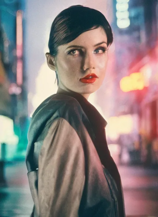 Image similar to A hyper realistic and detailed head portrait photography of a Rachael of Blade Runner on a futuristic street. by Cameron Hammond. Neo noir style. Cinematic. neon lights glow in the background. Cinestill 800T film. Lens flare. Helios 44m