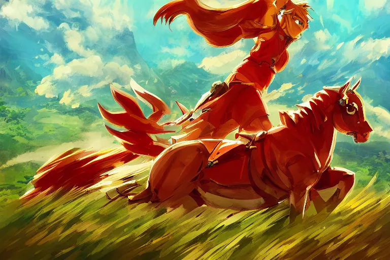 Prompt: the ferrari, zelda breath of the wild, in the style of studio ghibli and vicente segrelles, trending on artstation, back lighting tilt - shift cottagecore, abstract illusionism, movie poster, creature concept art, precisionism