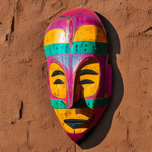 Prompt: a colorful wooden African mask wall decoration, handmade, tactile, detailed, orientalist, indoor dim light, spotlight, 4K photo
