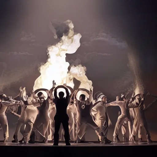 Image similar to award winning Production photo of the Hindenburg disaster the musical on broadway, dancing, singing, costumes by Julie Taymor, set design by Julie Taymor