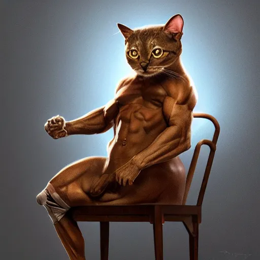 Image similar to anthropomorphic cat sitting in a chair using a laptop, painting, ifbb pro hyper muscular body, by greg rutkowski and igor kieryluk, photo realistic, dynamic lighting, artstation, poster, volumetric lighting, very detailed face, 8 k, award winning