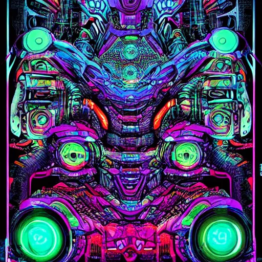 Prompt: beautiful detailed comic illustration, psychedelic fractals made of mecha dinosaurs, cyberpunk, neon