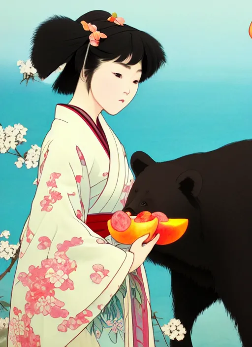 Image similar to painting of a girl wearing a kimono giving a peach to an giant anthropomorphic asian black bear, featured in artstation, octane render, cinematic, elegant, intricate, 8 k, close up, in the style of studio ghibli and heikala and alphonse mucha,