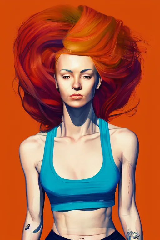 Image similar to a award winning half body portrait of a beautiful caucasian woman in a croptop and cargo pants with ombre orange blue teal hairstyle with head in motion and hair flying by martine johanna and will eisner, outrun, vaporware, digital art, trending on artstation, highly detailed, fine detail, intricate