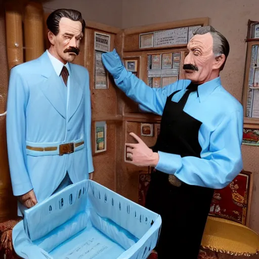 Image similar to wax figures of bryan cranston selling a ziploc of baby blue meth to stalin