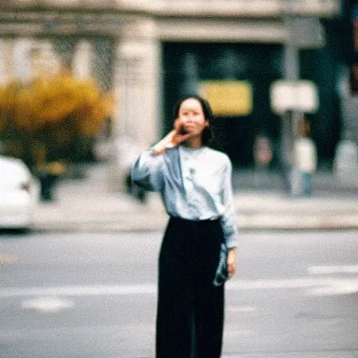 Image similar to portra 800 street photography woman staring into camera but she is a bit blurry because she is moving