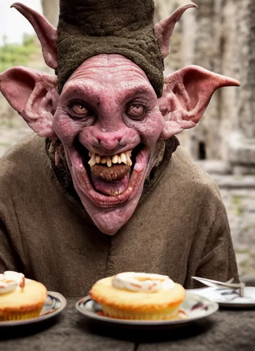 Image similar to closeup portrait of a medieval goblin eating cakes in the cloisters, depth of field, zeiss lens, detailed, symmetrical, centered, fashion photoshoot, by Annie Leibovitz and Steve McCurry, David Lazar, Jimmy Nelsson, Breathtaking, 8k resolution, extremely detailed, beautiful, establishing shot, artistic, hyperrealistic, beautiful face, octane render