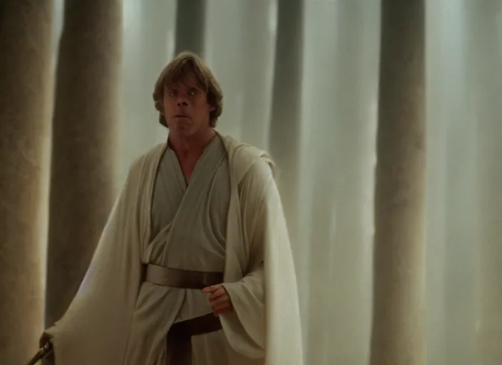 Prompt: single portrait of Luke skywalker uncovering the glowing ancient jedi texts. a hazy ethereal ancient Jedi cathedral, screenshot from the 1983 film Holy Mountain, directed by Jordowsky, Photographed with Leica Summilux-M 24 mm lens, ISO 100, f/8, Portra 400, kodak film, anamorphic lenses