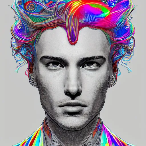 Image similar to the head of a beautiful and elegant man partially made of rainbows, an ultrafine detailed illustration by james jean, final fantasy, intricate linework, bright colors, behance contest winner, vanitas, angular, altermodern, unreal engine 5 highly rendered, global illumination, radiant light, detailed and intricate environment