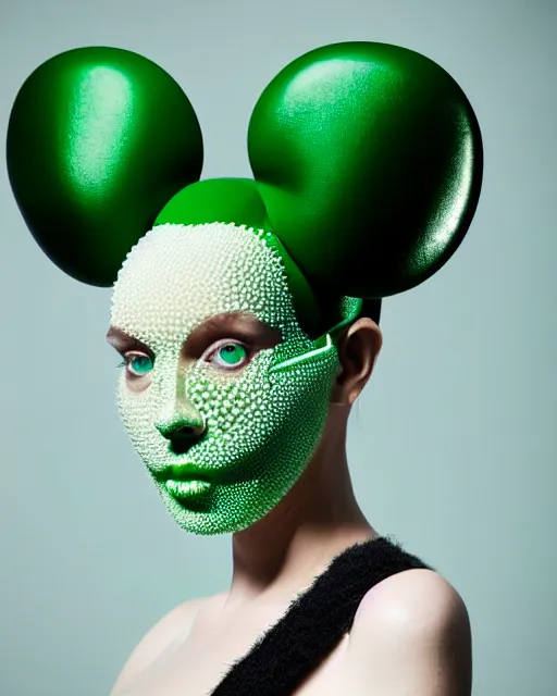 Prompt: symmetrical close - up portrait of a woman wearing a emerald green silicone beauty mask and hair buns, wearing a black bodysuit by alexander mcqueen, cream white background, soft light, biotechnology, humanoide robot, bjork aesthetic, translucent, by rineke dijkstra, masterpiece,