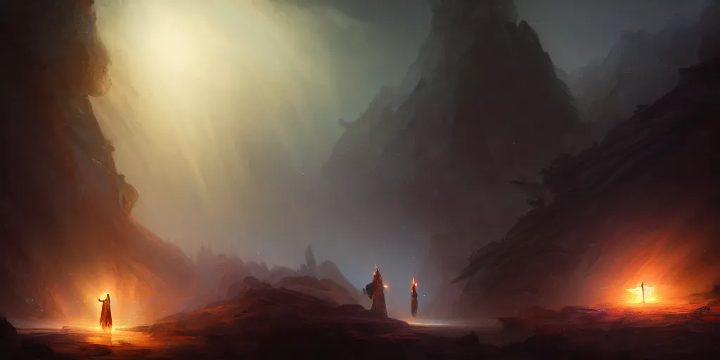 Prompt: god of light fighting against god of dark in a dark valley, nighttime, extremely detailed digital painting, in the style of fenghua zhong and ruan jia and jeremy lipking and peter mohrbacher, mystical colors, rim light, beautiful lighting, 8 k, stunning scene, raytracing, octane, trending on artstation