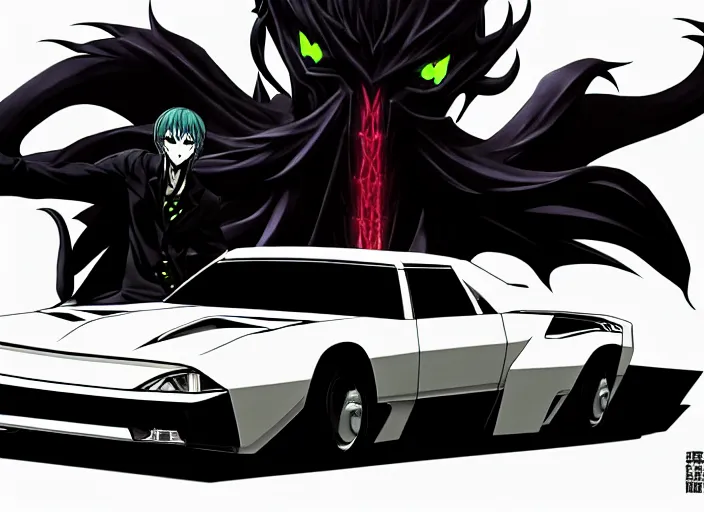 Image similar to shin megami tensei art of a demon car!! called black! volga!!, gaz!!!! car!!!!!!!!!!!, vehicle, art by kazuma kaneko, demonic! compedium!, digital drawing, white background, high quality, highly detailed