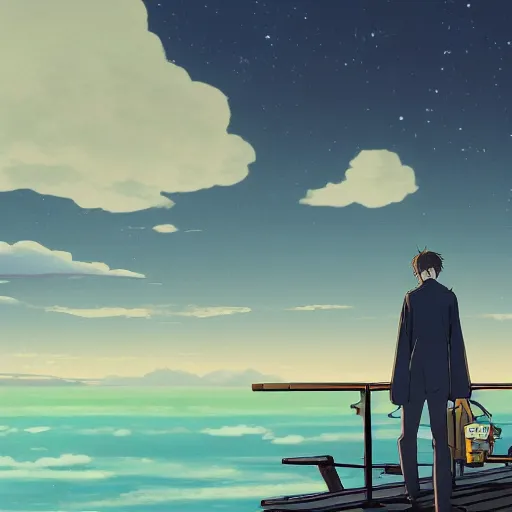 Prompt: a beautiful ultradetailed anime illustration of a man standing on a dock, staring wistfully at the city, up to bottom is clouds，sea，railway，by makoto shinkai，anime wallpaper 4k，prismatic