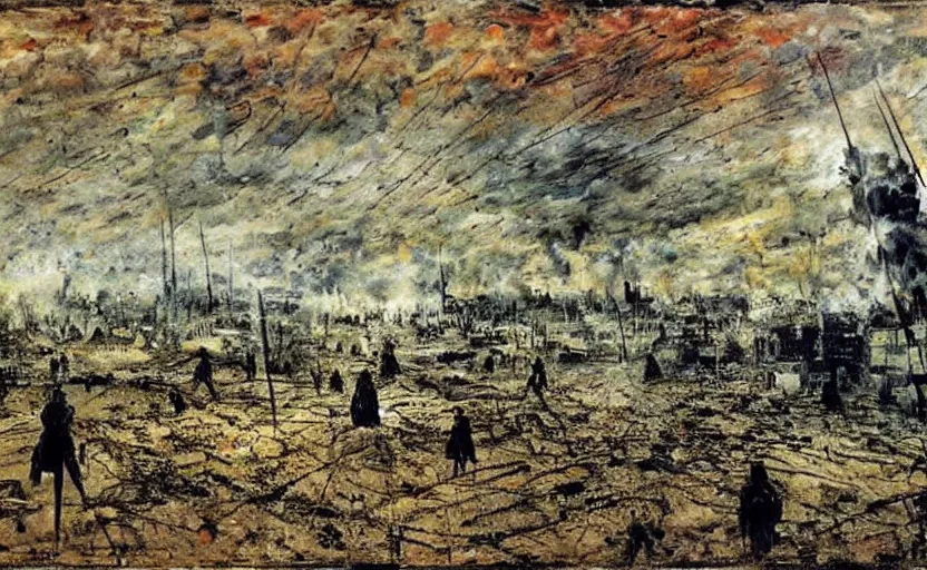 Prompt: painting by anslem kiefer of a battlefield