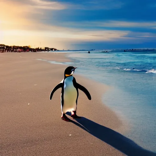 Prompt: a penguin walking along the beach, vibrant anime
