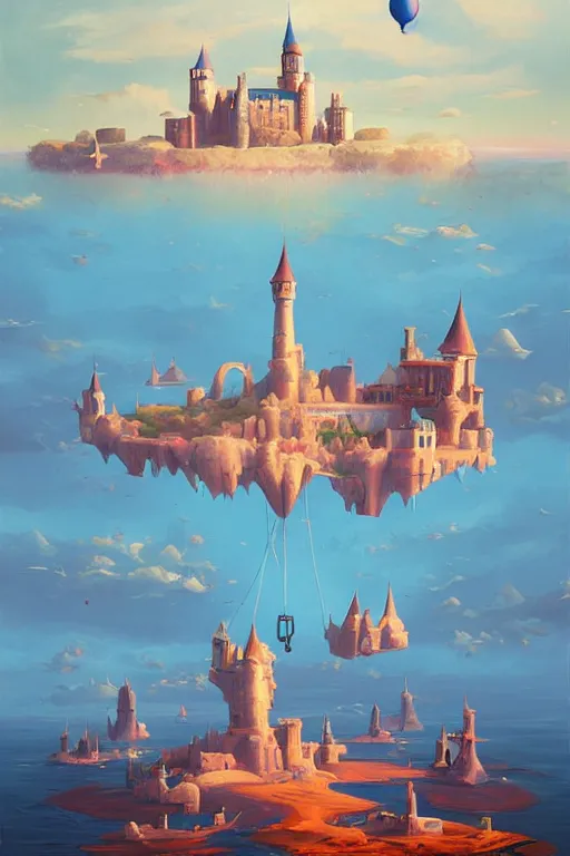 Image similar to a painting of a castle city island floating in the air, a surrealist painting by rhads, james jean, alberto seveso, behance contest winner, psychedelic art, flying castle, wallpaper, art