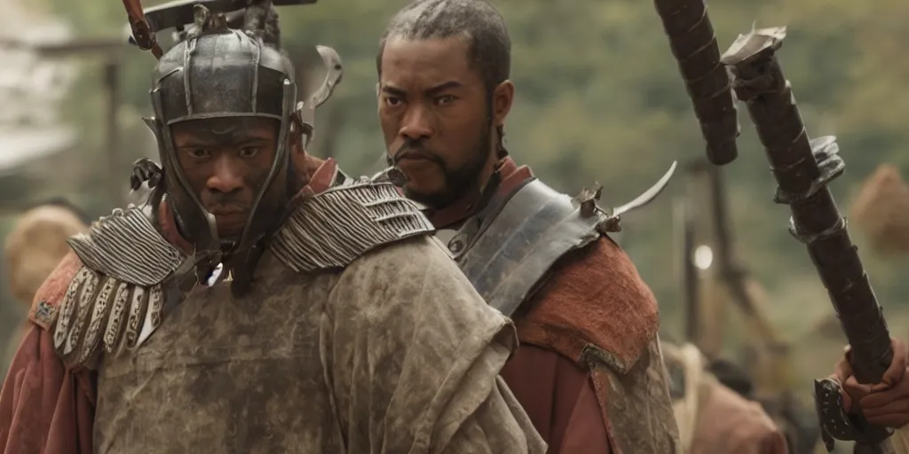 Image similar to a film still of a black man starring in a japanese blockbuster film as an ancient samurai, shallow depth of field, cinematic, award winning cgi, vfx, film still