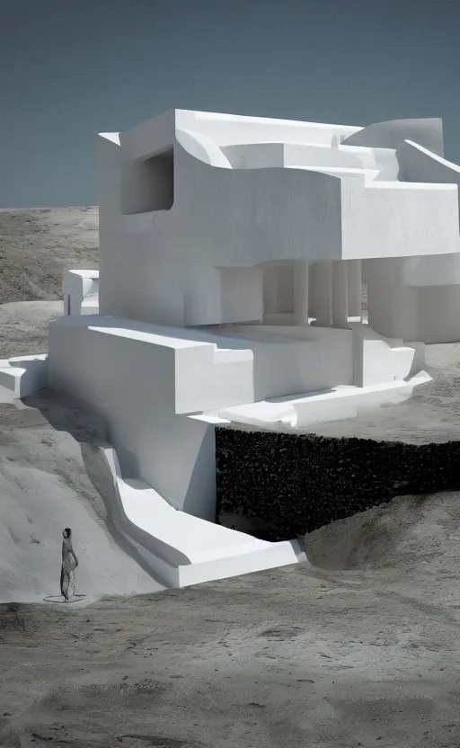 Prompt: architectural section of bioremediation white architecture, in chuquicamata, epic, cinematic, hyperealistic