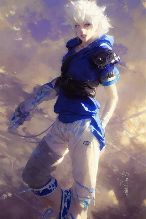 Prompt: white haired catgirl with bright blue eyes in sportswear portrait dnd, painting by gaston bussiere, craig mullins, greg rutkowski, yoji shinkawa