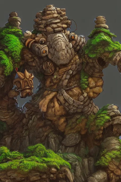 Image similar to zelda fantasy art giant golem troll wood rock greeble gemstone, global illumination ray tracing hdr fanart arstation by sung choi and eric pfeiffer and gabriel garza and casper konefal