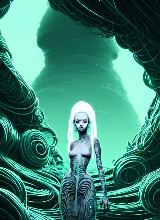 Image similar to highly detailed portrait of a biopunk long curly white hair tribal lady, stray wiring by atey ghailan, james gilleard, by joe fenton, by greg rutkowski, by greg tocchini, by kaethe butcher, 4 k resolution, gradient green, black and white color scheme!!! ( ( irradiated robotic cavern background ) )