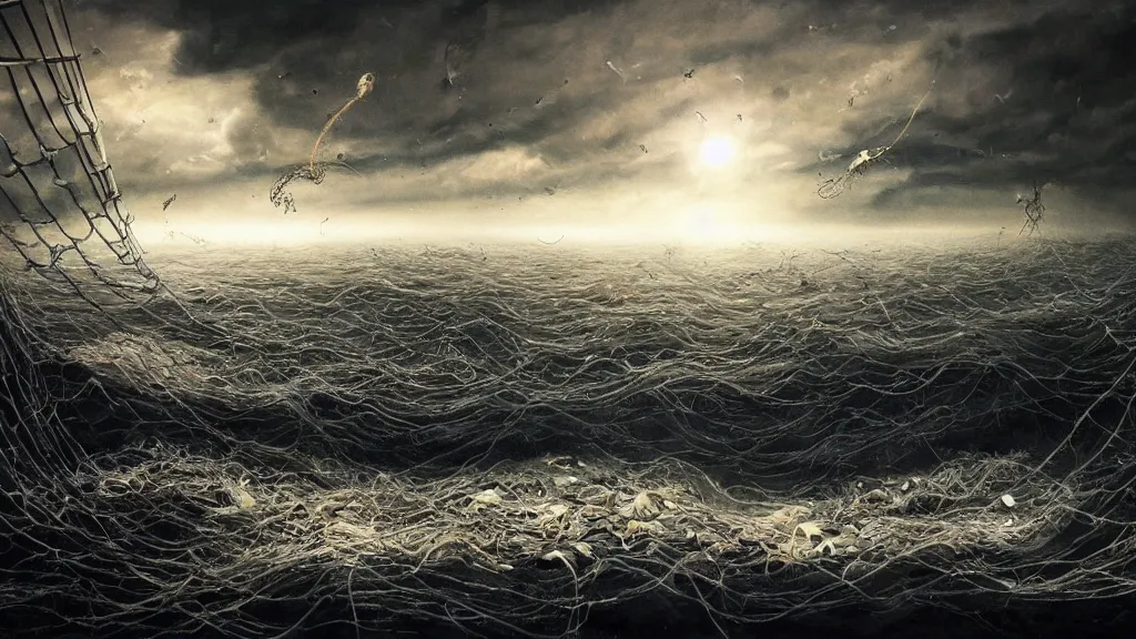 Image similar to Thousands of dead fish in space, fish hooks, seaweed, highly detailed, yuumei, Adam duff lucidpixul, natural lighting, dark atmosphere, digital painting, creepy and dark feelings, metal fishing hooks and nets everywhere, in the background there is an image of the earth dying