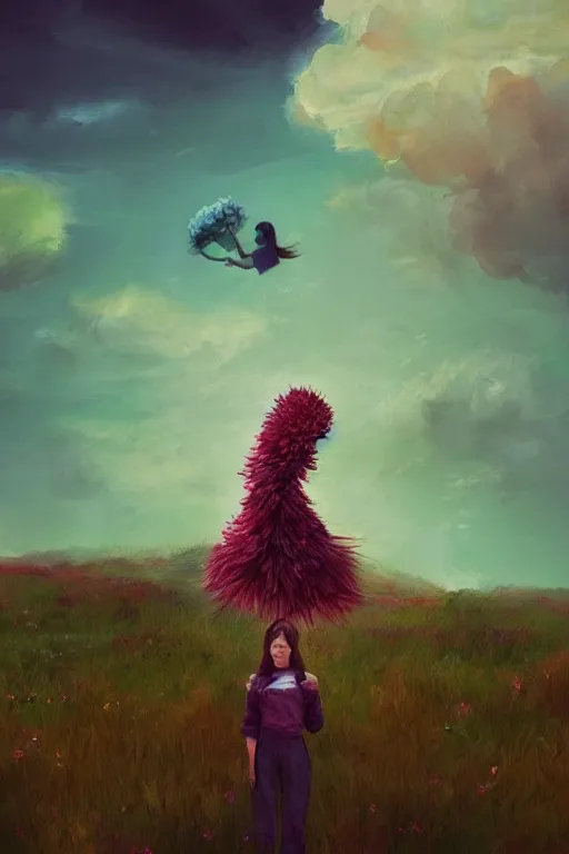 Image similar to portrait, giant flower head, a girl standing on pillar, surreal photography, wind and cold, dramatic sky, impressionist painting, digital painting, artstation, simon stalenhag