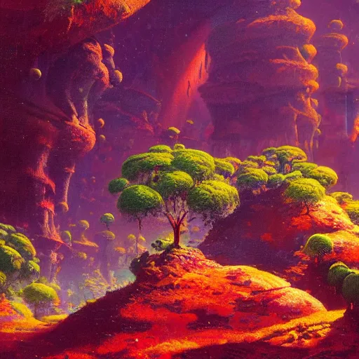 Prompt: illustration of a lush natural scene on an alien planet by paul lehr. extremely detailed. beautiful landscape. weird vegetation. cliffs and water.