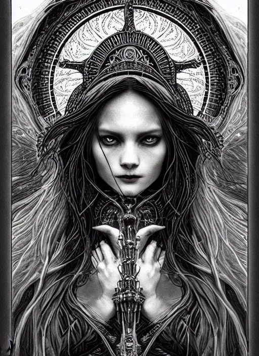 Image similar to beautiful priestess girl tarot card portrait, biomechanical, intricate artwork masterpiece, majestic, elden ring cinematic lighting, volumetric 8 k, by apollonia saintclair, josan gonzalez, zdizslaw beksinski, edmund leighton, kilian eng, trending on cgsociety, 8 k