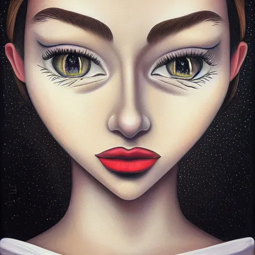 Image similar to a painting of a woman, an ultrafine detailed painting by rafal olbinski, behance contest winner, pop surrealism, detailed painting, very detailed, minimalist, airbrush art